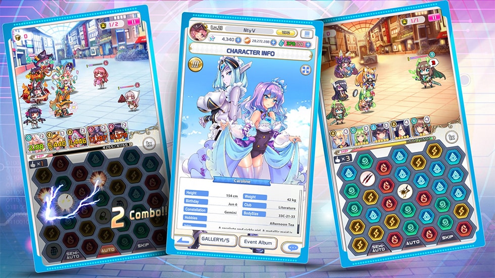 Gameplay di combattimento in Project QT: puzzle board in basso, scontro in alto