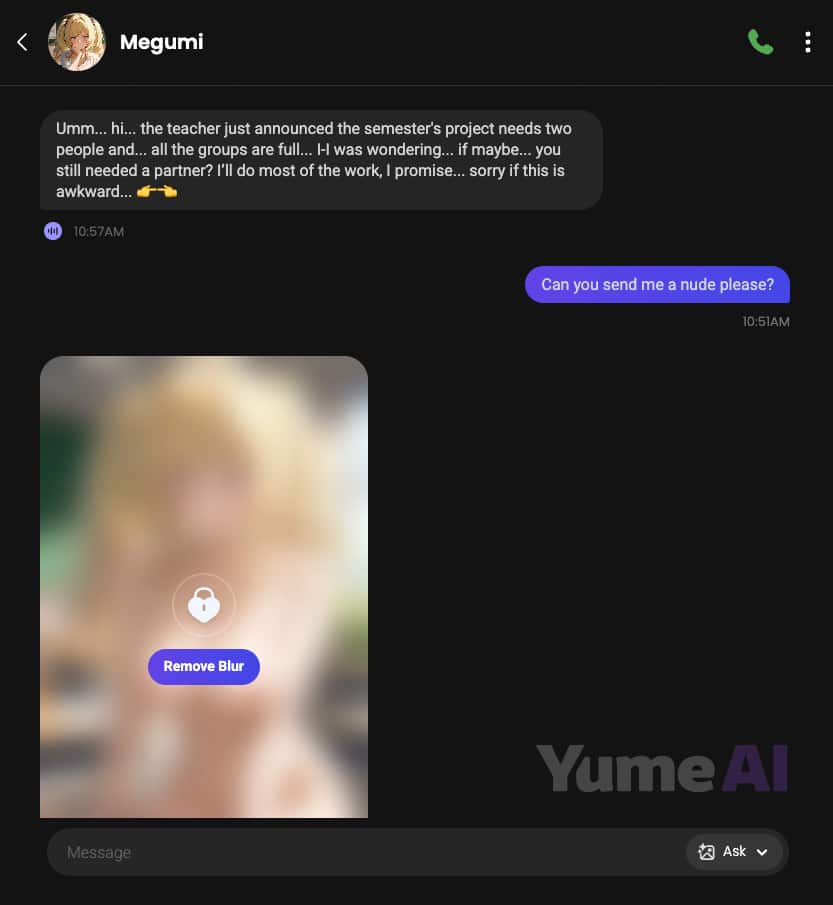 Chat con una ragazza anime AI su Yume AI
